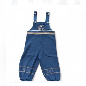 Blue knitted overalls with embroidered bus design dungarees 18-24m approx